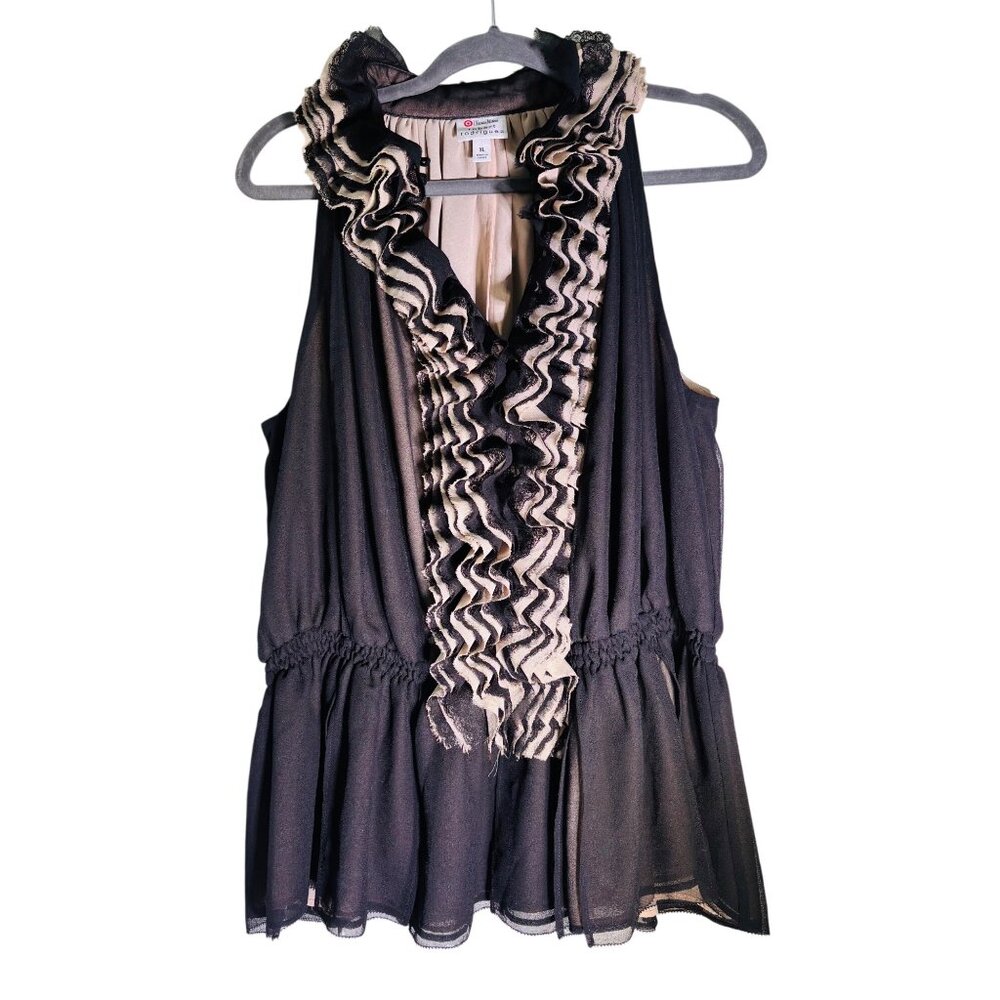 Robert Rodriguez Ruffled Lace Sleeveless Blouse XL Black Cream Romantic Gothic
